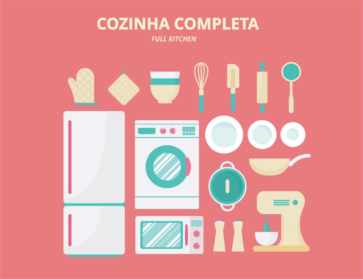 An illustration depicting a full kitchen setup, featuring a refrigerator, washing machine, microwave, and an array of kitchen utensils including bowls, plates, a whisk, and various cooking tools. Each item is organized to highlight the completeness of the kitchen amenities available.