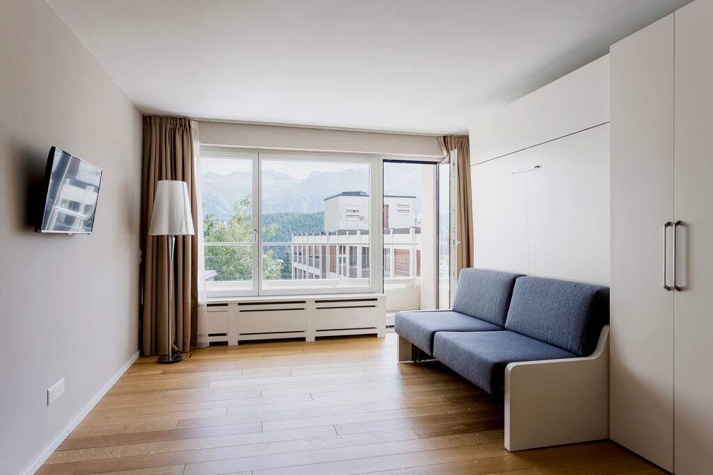 the sofa ( wich hides a foldaway bed), closed