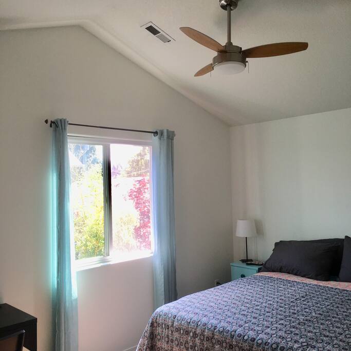 Lots of light, a blackout shade, vaulted ceiling with ceiling fan.