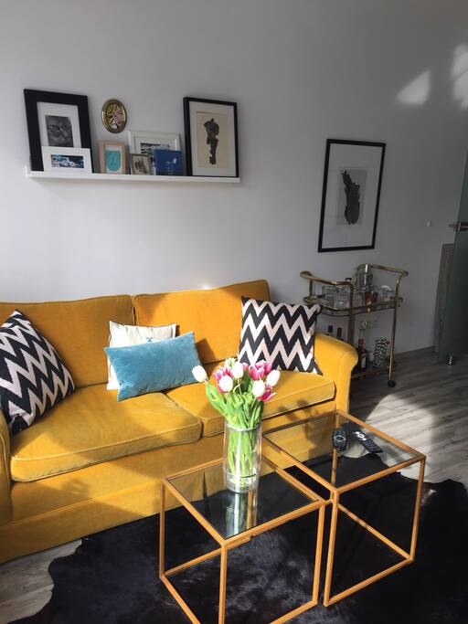 comfy couch and bar table