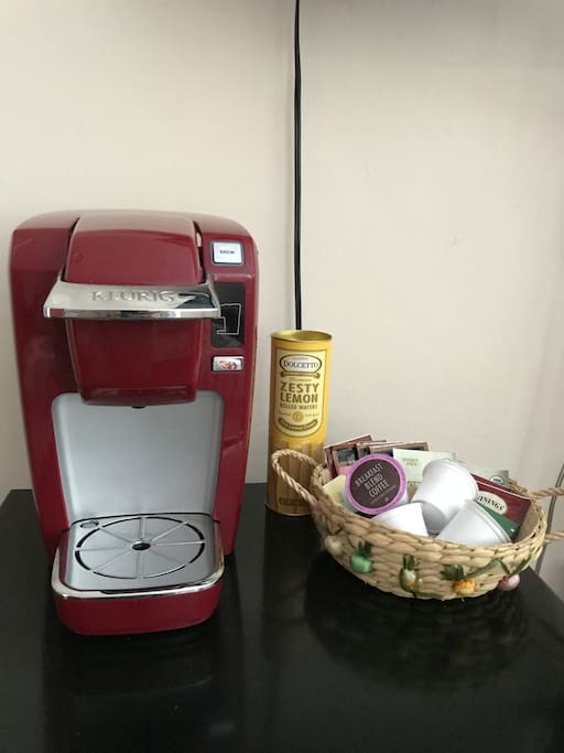 Your own Keurig sits atop your own small fridge/freezer