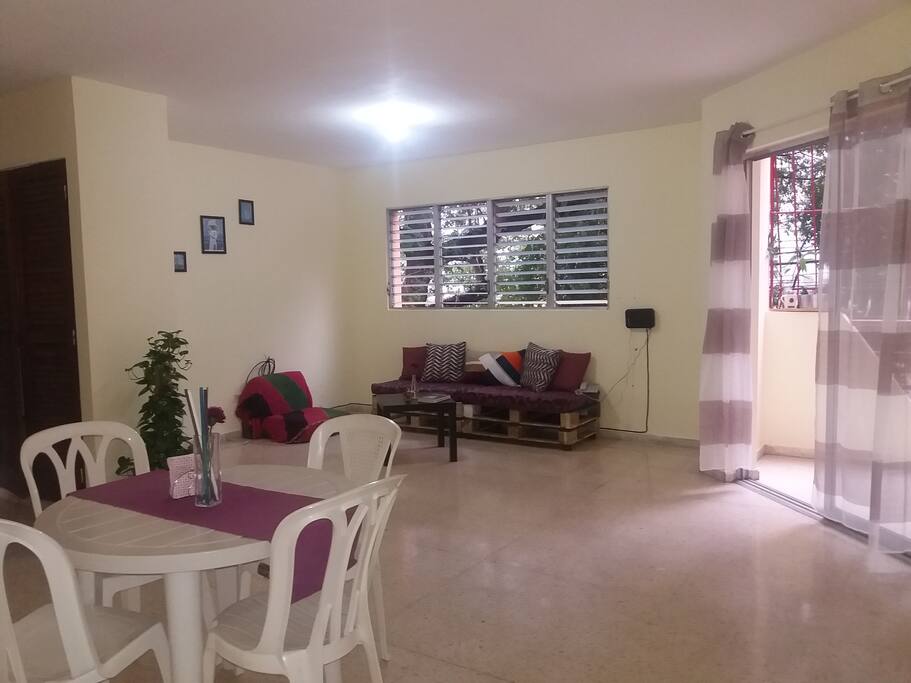 Espaciosa sala y balcón.