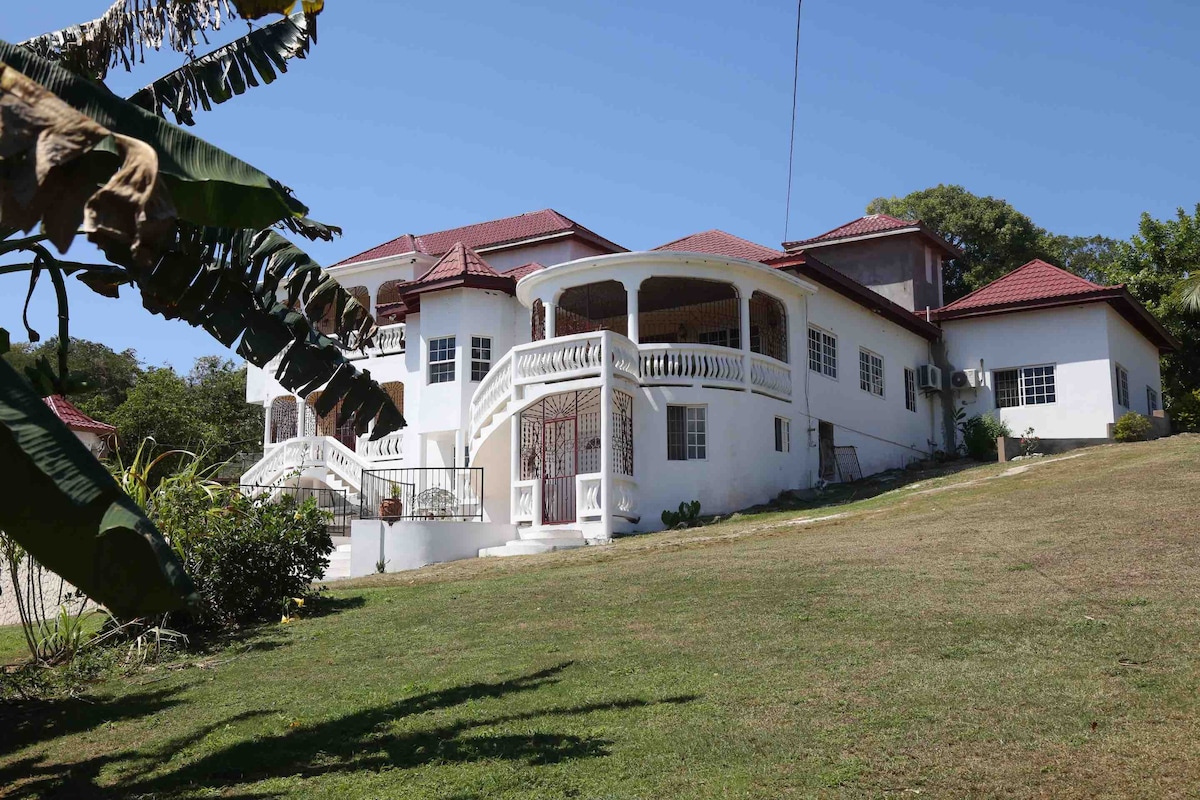 The exterior of the house presents a spacious design, featuring a balcony with arches. Lush greenery surrounds the property, and a well-kept lawn leads to the entry steps. A clear blue sky serves as a backdrop, enhancing the home's inviting appearance.
