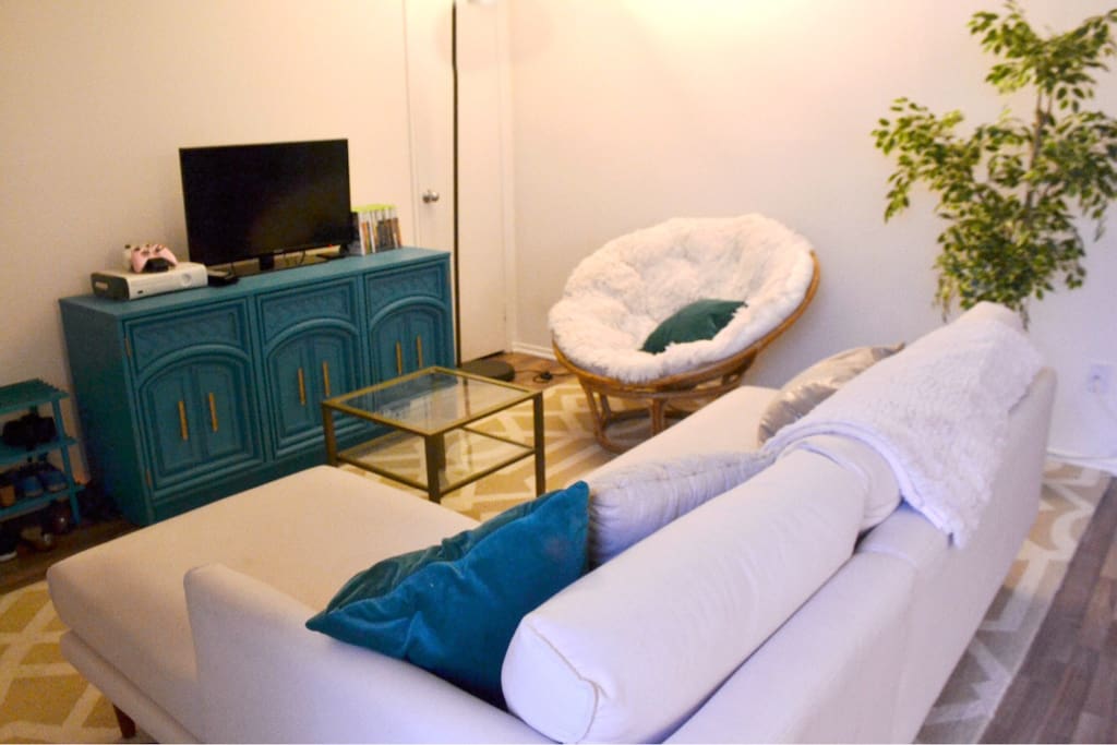 Cozy living room with Netflix, Hulu, DVD player Xbox360, and more