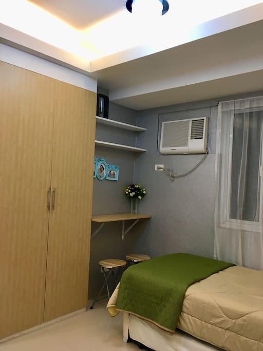 Study nook/dining area. Shelved wardrobe to store all your clothes.