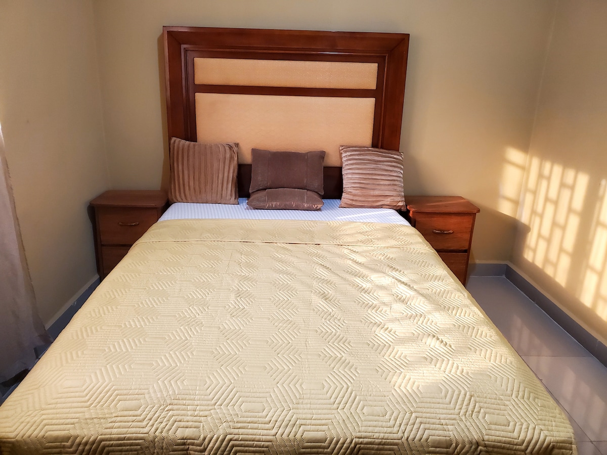 A spacious bed is framed by a wooden headboard, complemented by two decorative pillows. Nightstands are placed on either side, creating a balanced look. Soft light filters through a nearby window, casting gentle patterns onto the room's walls.