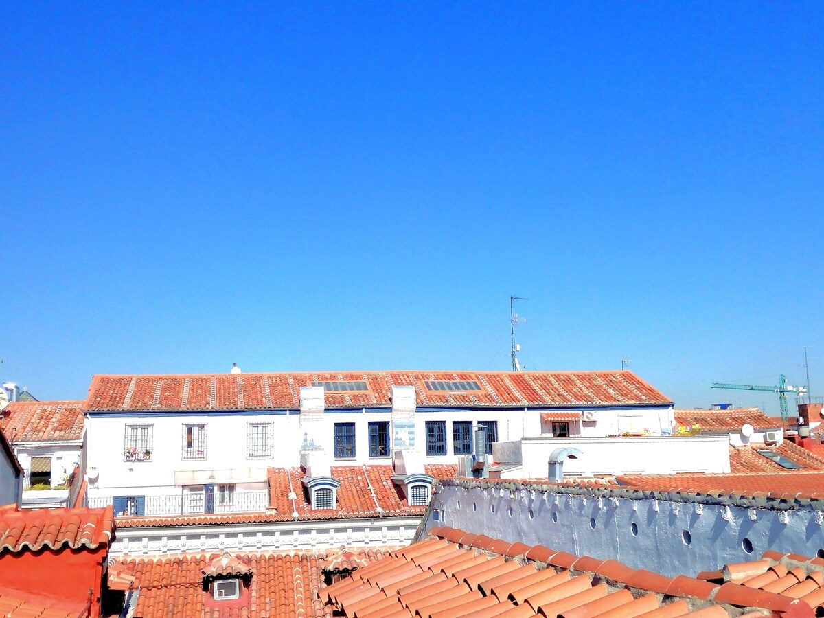 A view of the rooftops in the surrounding area showcases a collection of terracotta tiles and whitewashed buildings under a clear blue sky. Solar panels can be seen on some rooftops, indicating a blend of traditional and modern architecture.
