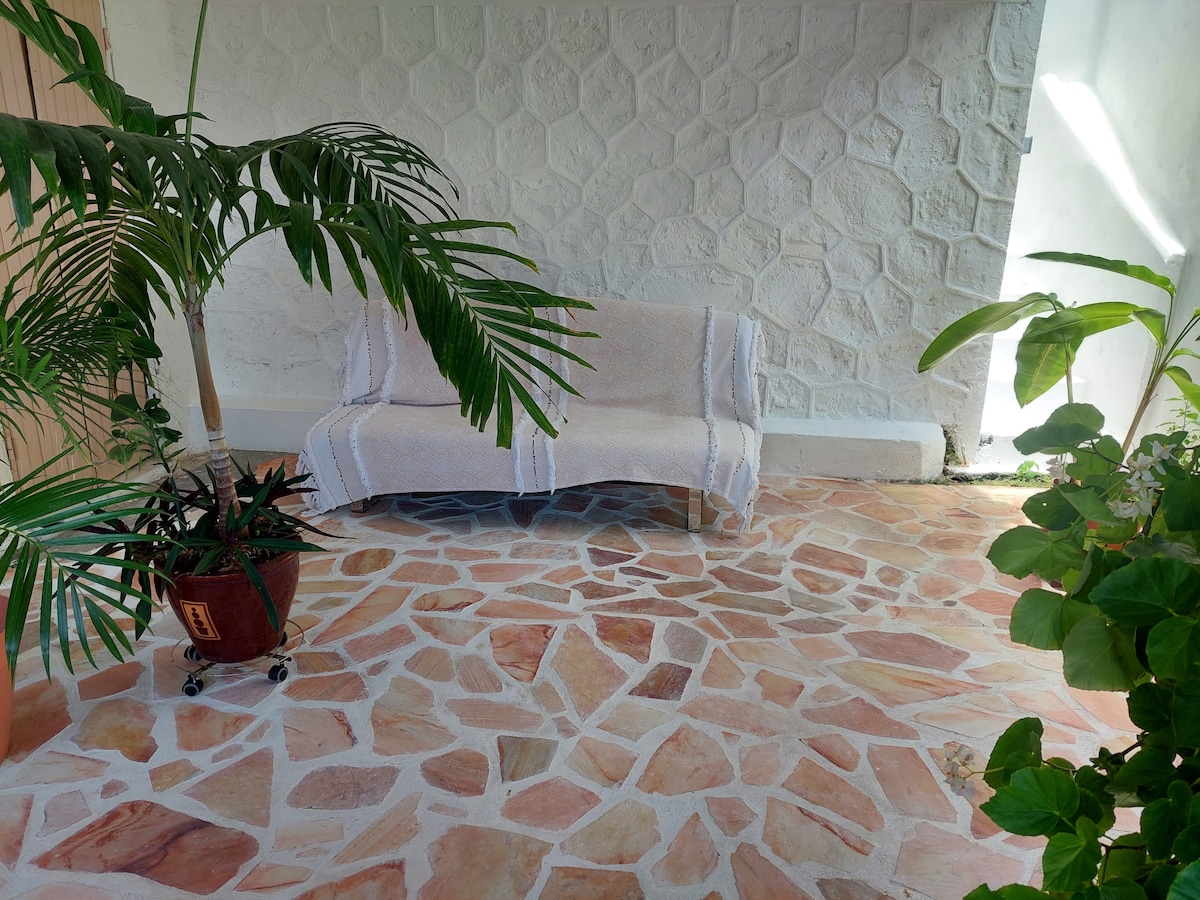 An inviting outdoor space features a stone floor with a varied pattern and colors. A simple couch is positioned against a textured wall, complemented by potted plants that enhance the green elements of the area.