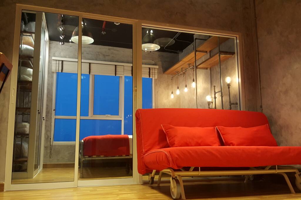 Red sofa in living room