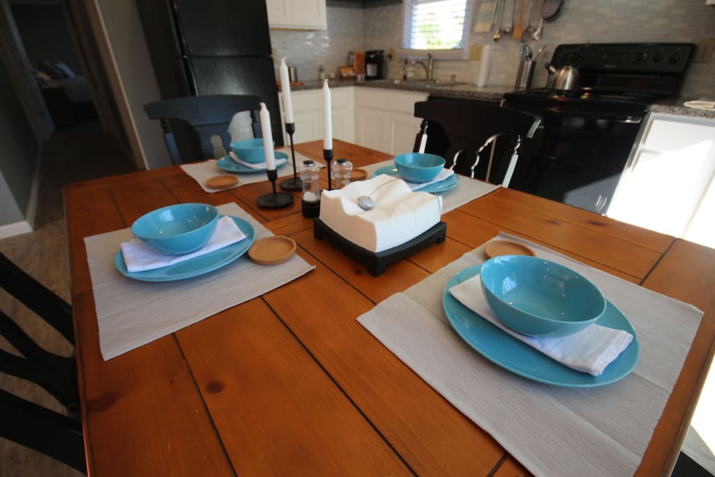 New dinnerware, cloth napkins, candles