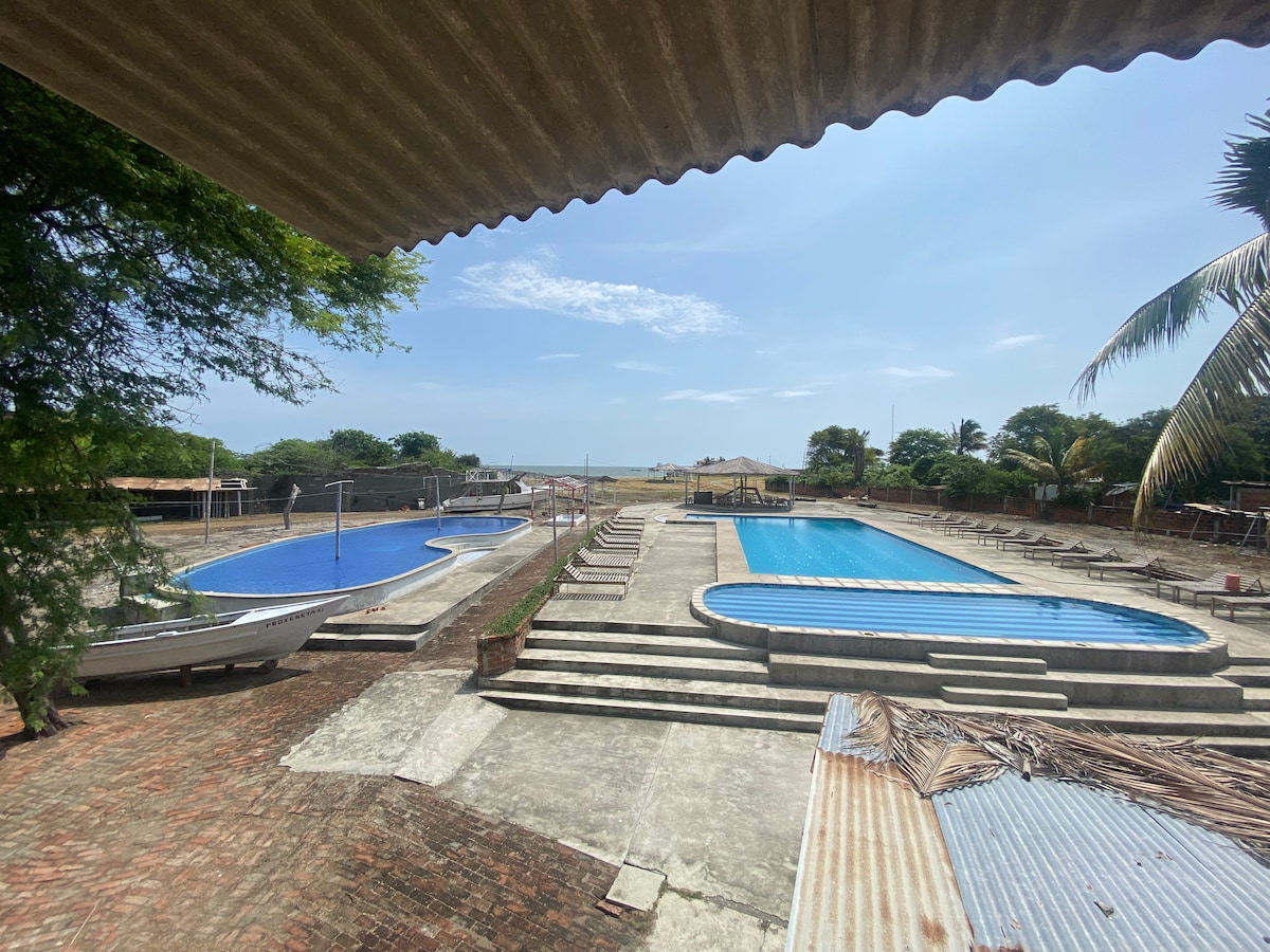 Three inviting swimming pools are arranged in a spacious outdoor area, surrounded by greenery. The scene is complemented by a clear sky and palm trees, with lounge chairs lining the edges of the pools. A glimpse of a private beach is visible in the background.