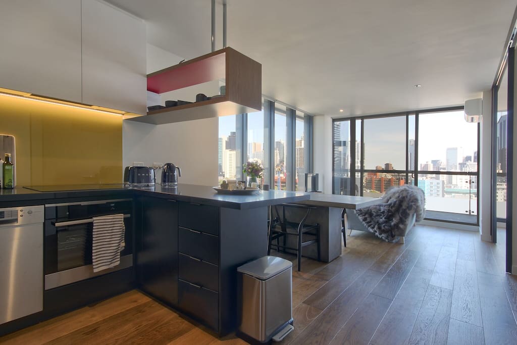 Kitchen and living area flow.