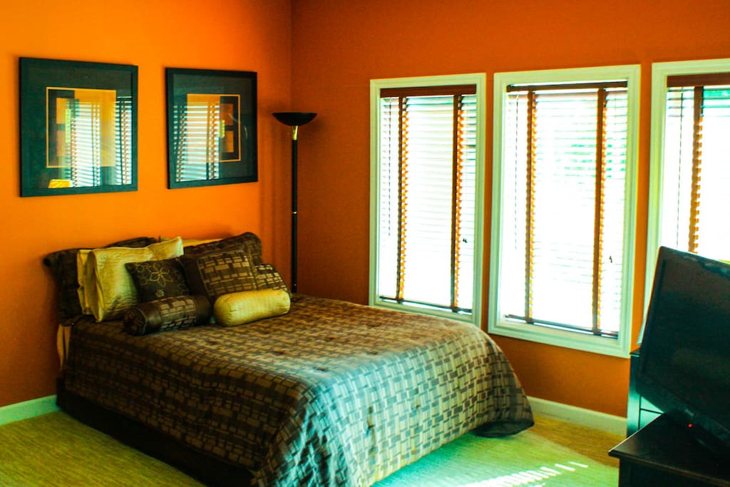 Full bed with blackout blinds when closed or open them for excellent natural light.