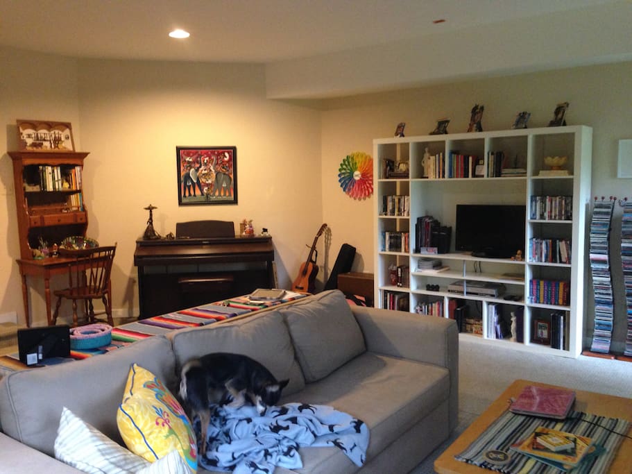 Small desk and piano in the living room. Sofa can turn into a queen-sized bed. Dog not included with apartment, although he does hang out there a lot.