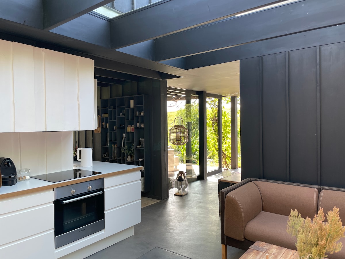 An open kitchen area is visible, featuring sleek cabinetry and modern appliances. A seating area includes a neutral-toned couch, surrounded by large windows that provide natural light and views of the outdoor garden space. A bookshelf and decorative elements add to the aesthetic.