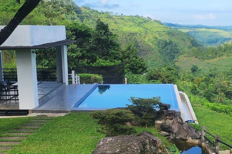 An infinity pool overlooks the lush green hills, blending seamlessly with the natural landscape. The area is surrounded by well-maintained grass and a few decorative plants, enhancing the serene environment. A shaded seating area is visible nearby, offering a place to relax and enjoy the view.