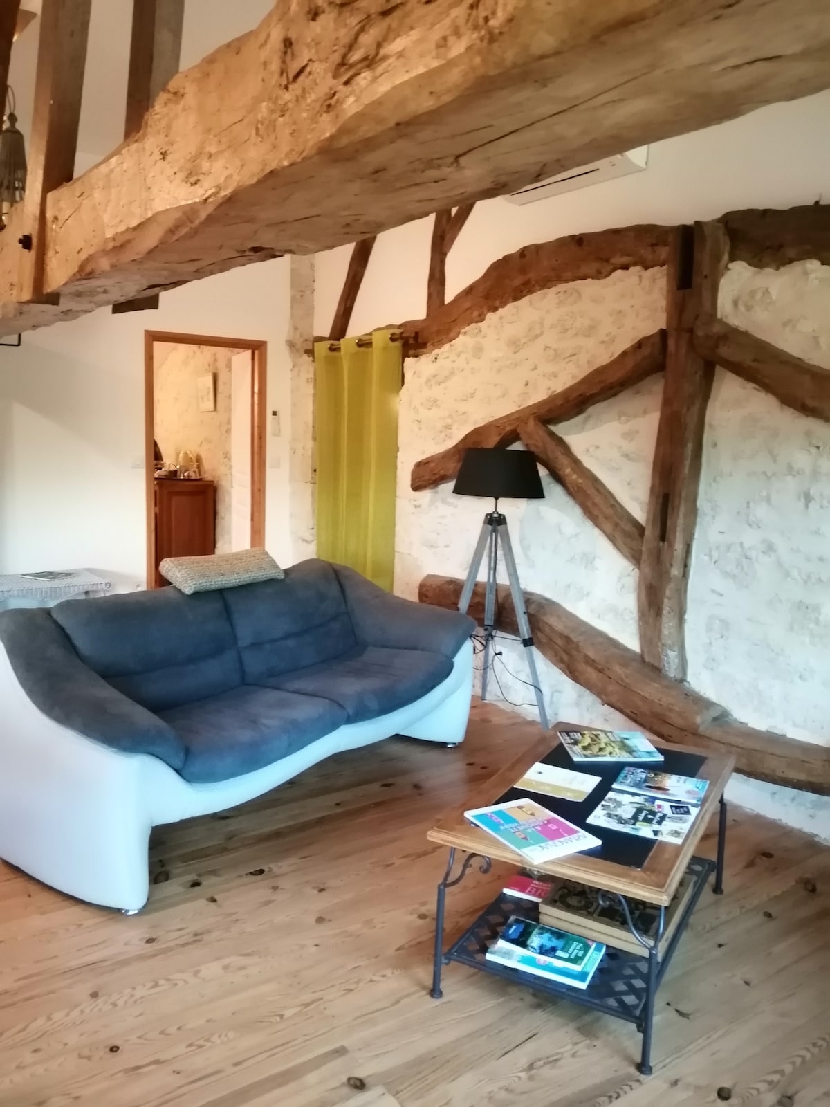 A cozy living area features rustic wooden beams and textured stone walls. A comfortable couch is positioned near a small coffee table displaying various brochures and magazines. A standing lamp provides soft lighting, enhancing the welcoming ambiance of the space.