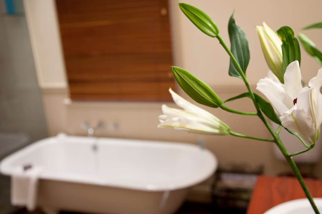 The original claw-foot bath with large shower recess