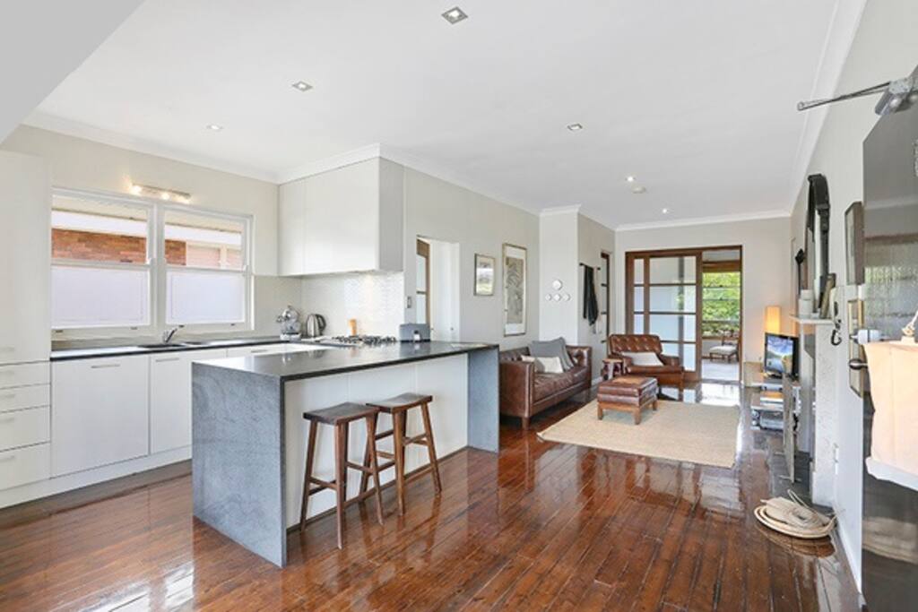 Sleek kitchen and open living