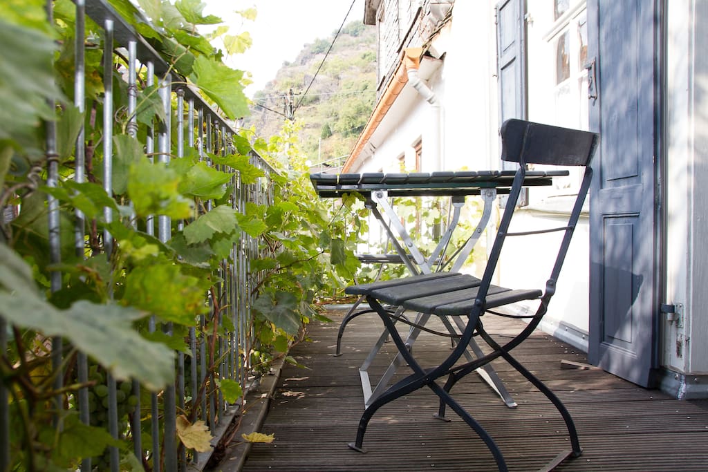 Langer, schmaler Westbalkon mit Weinreben und Sitzgelegenheit.