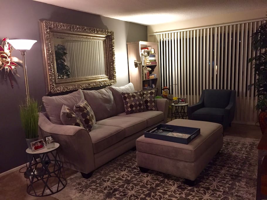 Living room with work desk area & flat screen