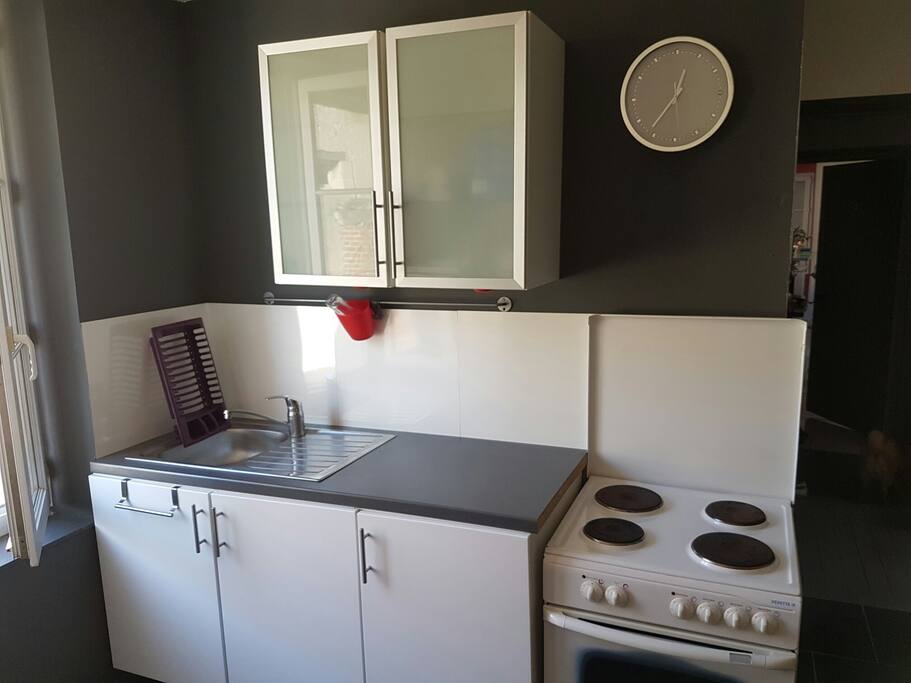 Kitchenette équipée : plaques électriques, réfrigérateur avec congélateur séparé. Vaisselle à disposition