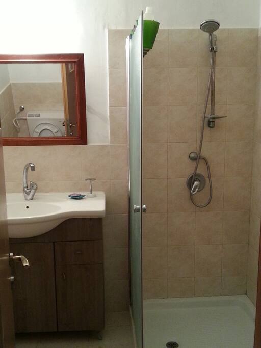 bathroom, shower door open