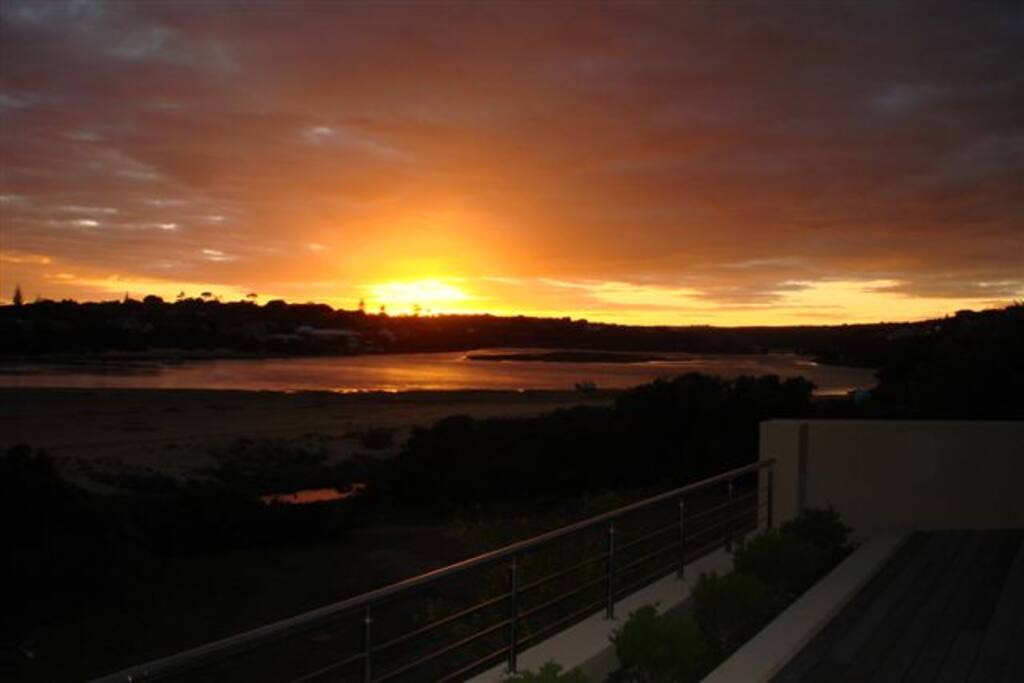 Sunset view upriver from the deck