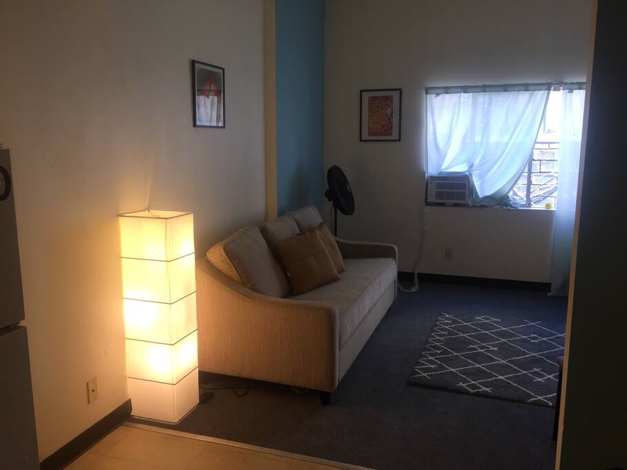 Brand new Queen sized hide-a-bed from a luxury hotel chain; very comfy! A/C unit just right for this place during summer.