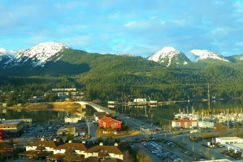 Aerial view of Juneau, bridge and Douglas Island in the background