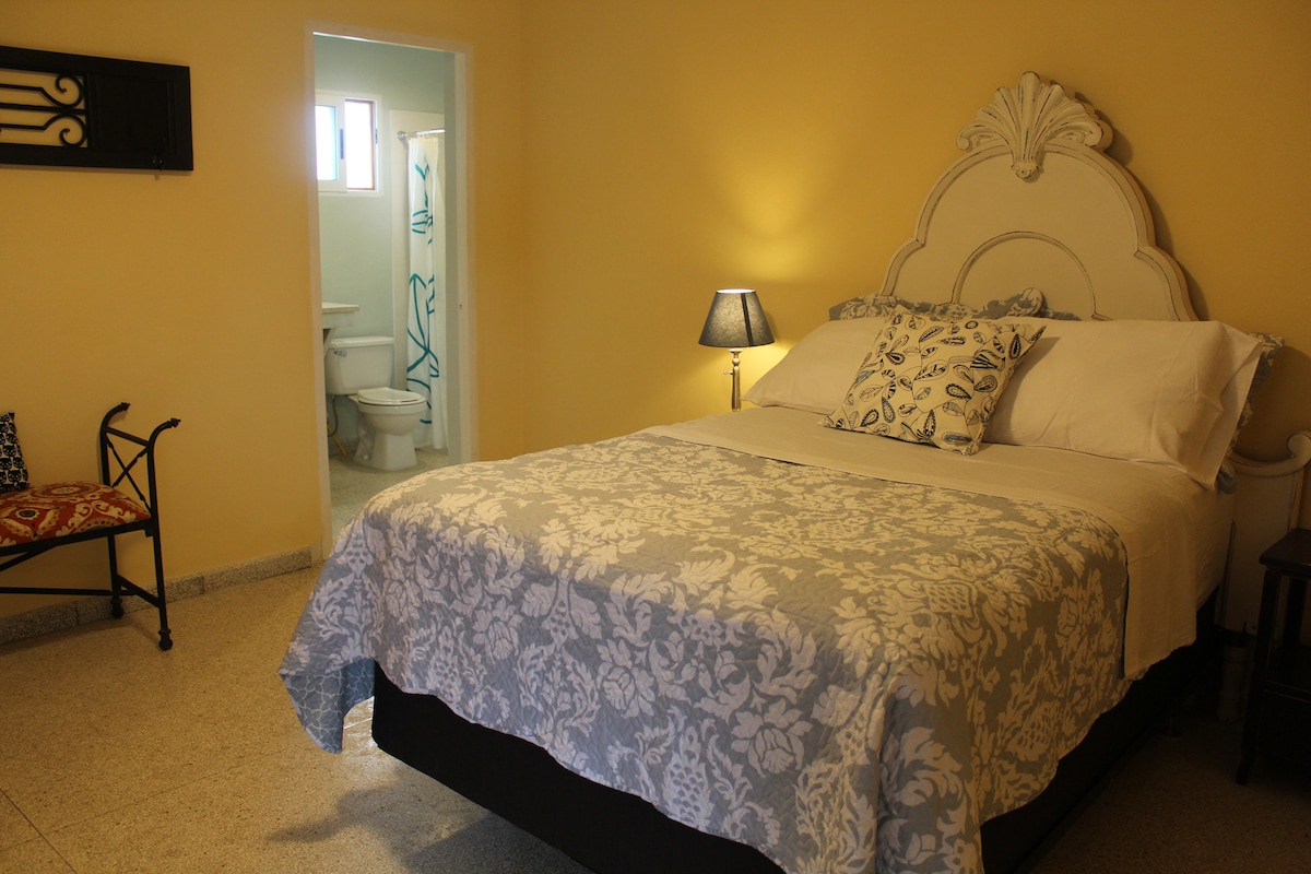 A spacious bedroom is presented with a large double bed adorned with a decorative white and pale blue floral coverlet. A soft light is emitted from a bedside lamp. In the background, a private en suite bathroom is partially visible.