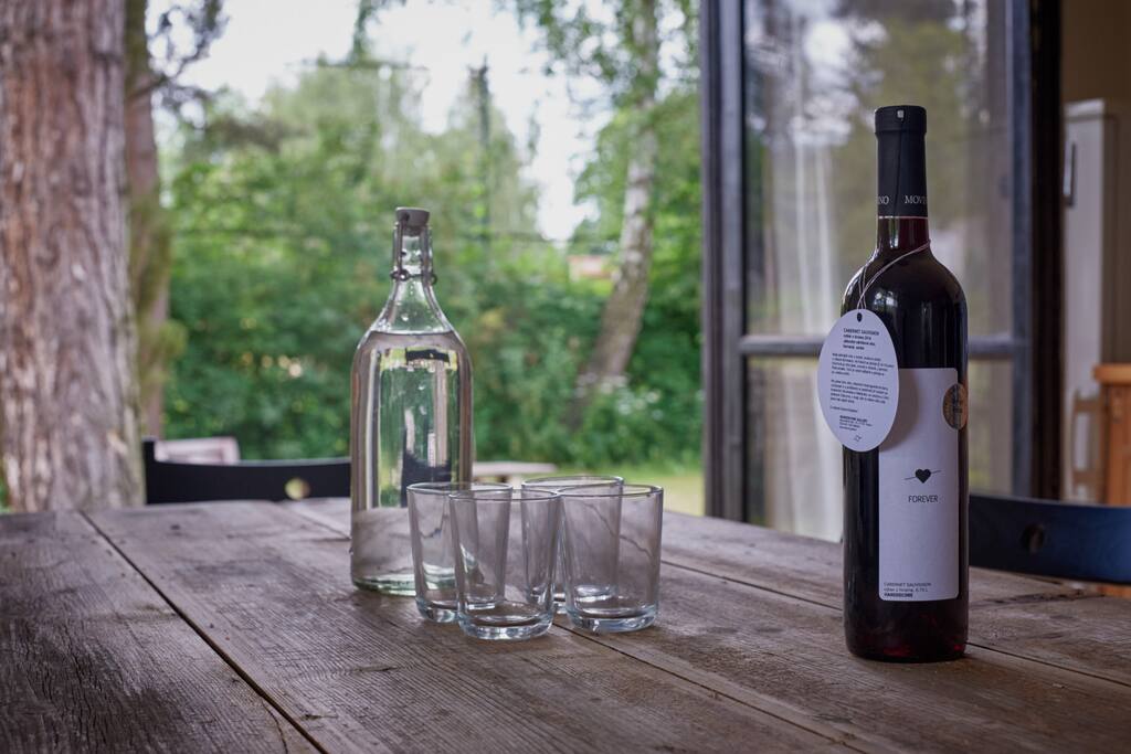 Good wine at open kitchen door.