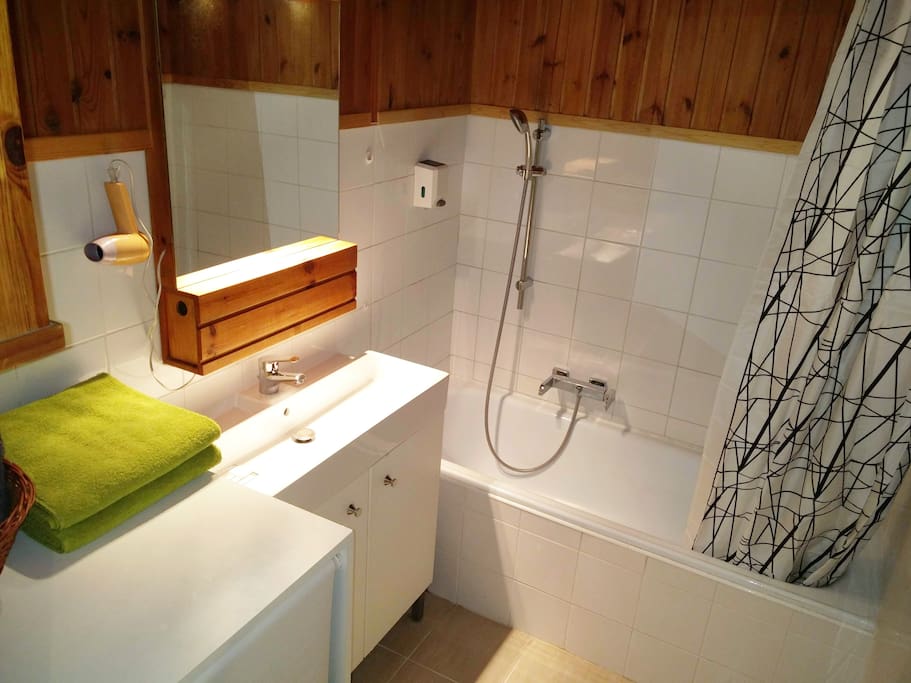 Badezimmer / Custom built sauna like bathroom with hair dryer, towels, shower gel and soap
