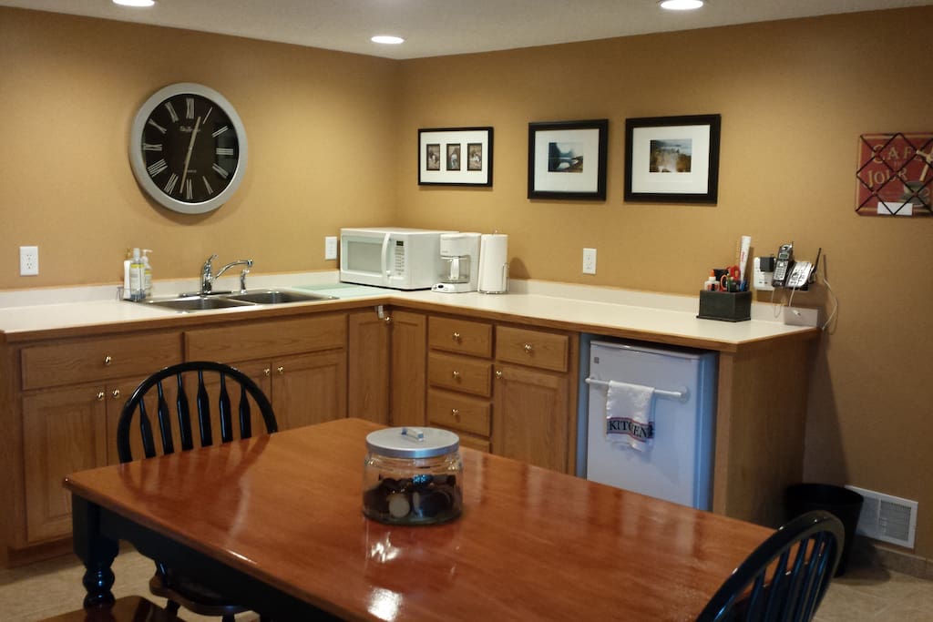 Fully stocked kitchen with microwave, mini fridge AND full size fridge