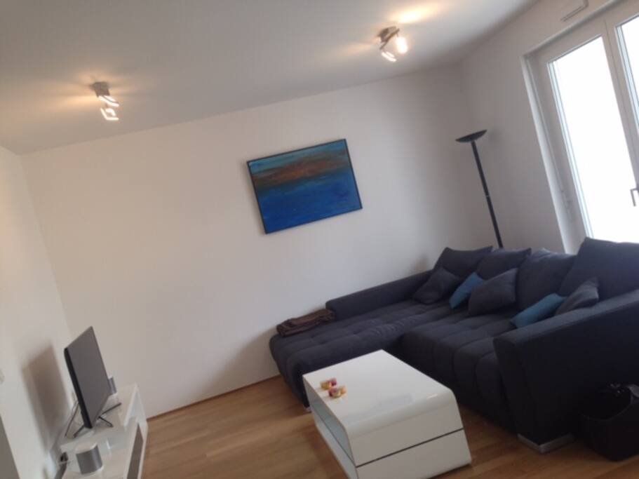Living room with TV and big cosy couch