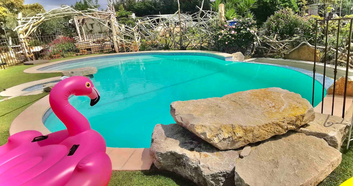 A tranquil pool area is surrounded by greenery, featuring a striking pink inflatable flamingo floating on the water. Natural stone accents embellish the poolside, enhancing the serene setting.