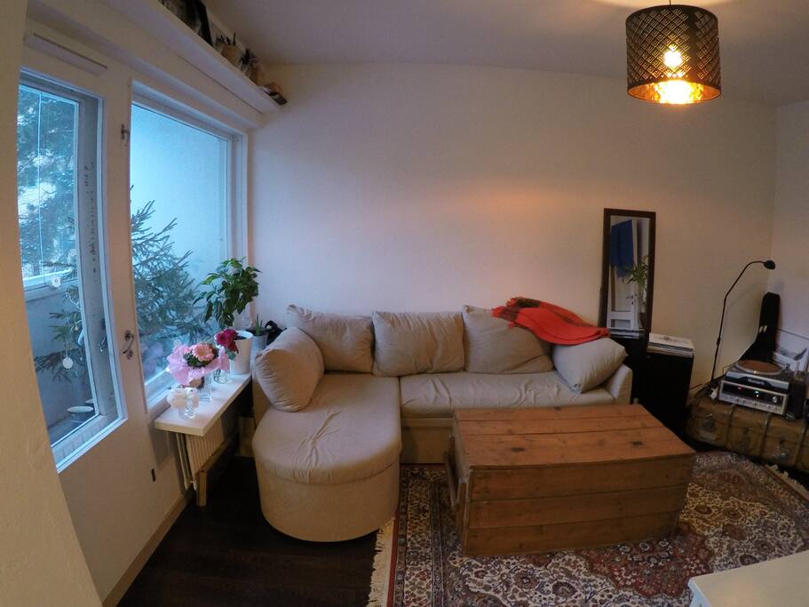 The couch can be made into a bed that comfortably sleep two people