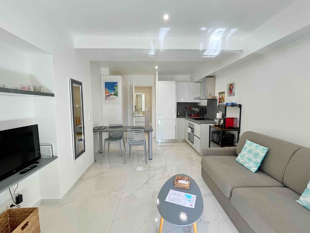 A modern studio apartment features a well-equipped kitchen, a dining area with seating, and a comfortable sofa. Bright, marble flooring reflects natural light. The decor includes subtle artwork on the walls, and a large mirror enhances the sense of space. A TV is positioned near the entrance.