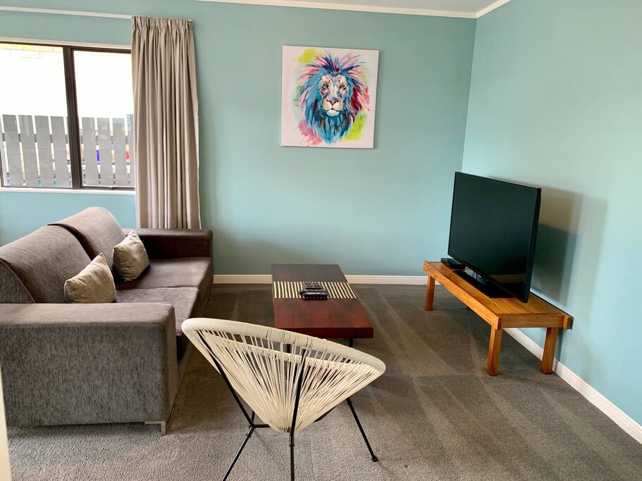 Living room, with Samba the lion overseeing