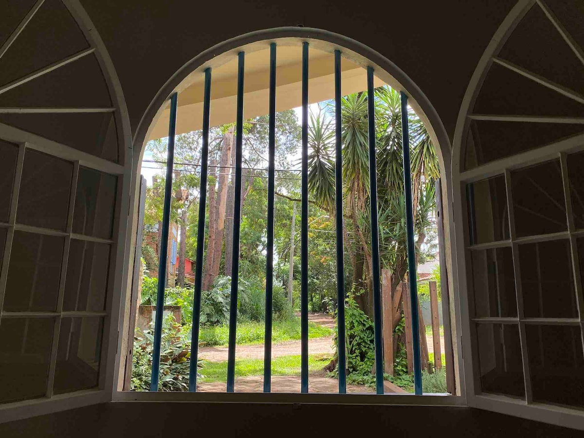 A view is framed by arched windows, showcasing lush greenery and trees outside. Sunlight filters through the vertical bars, illuminating the scene and highlighting the natural surroundings of the property.