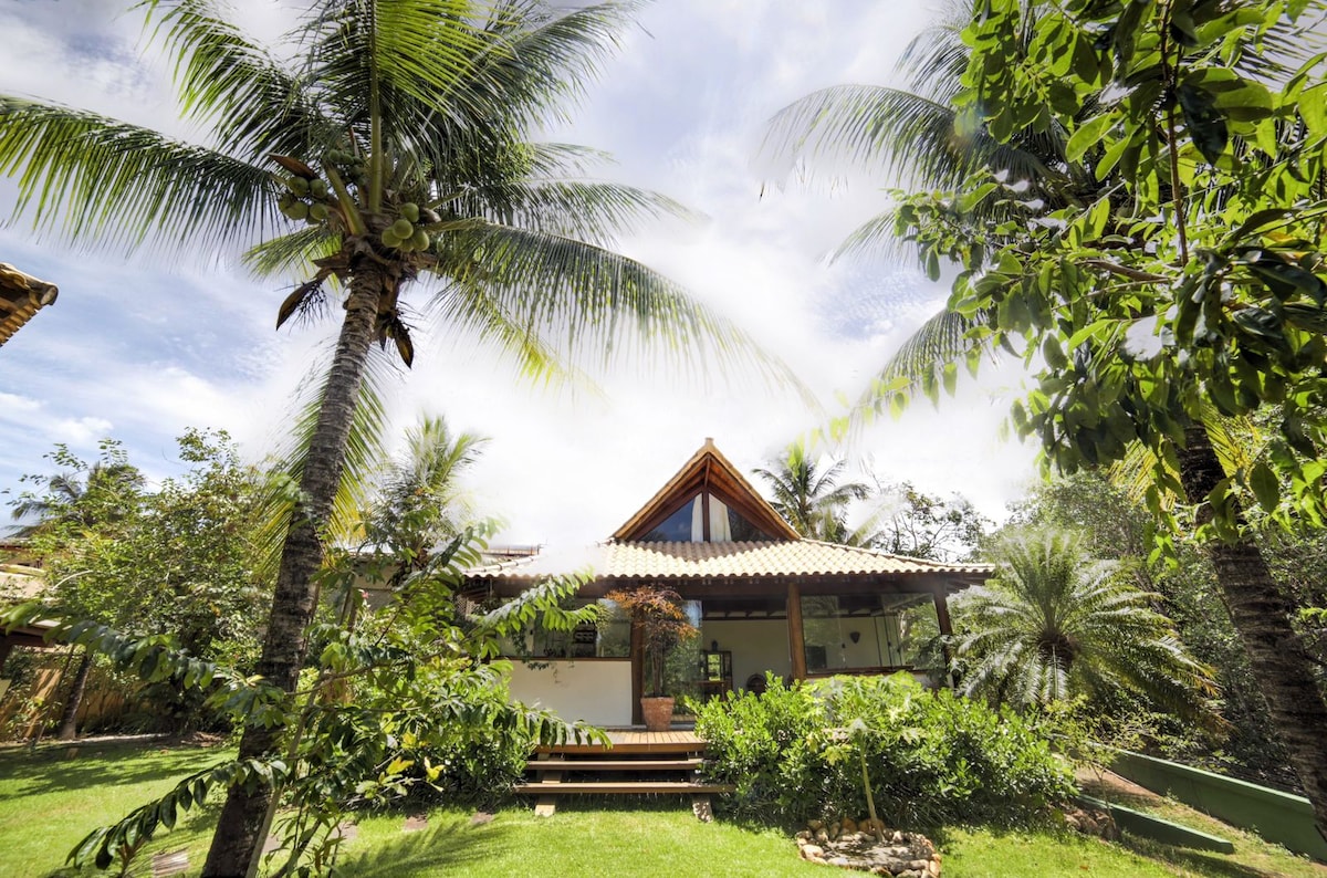 A charming exterior of a tropical house is framed by tall palm trees and lush greenery. The structure features a sloped roof and expansive windows, providing an inviting view of the surrounding nature.