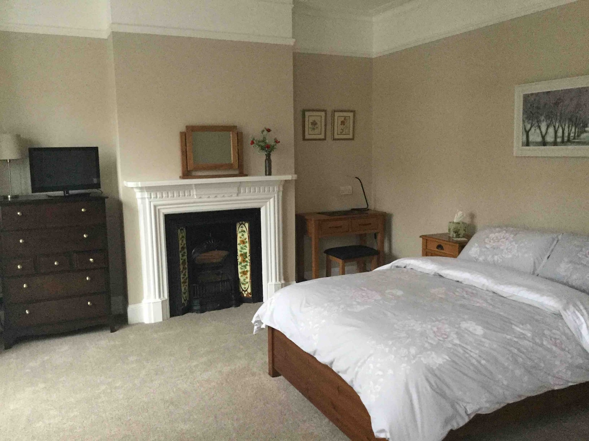 A spacious bedroom features a wooden bed with a light-colored floral duvet. A dresser and a small desk are positioned against the walls, along with a wall-mounted television. An ornate fireplace adds character, while soft neutral tones create a calm ambiance.