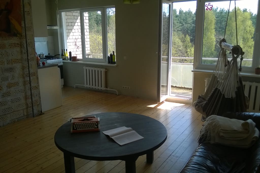 Living room is combined together with a kitchen. It may also serve you as a quiet workspace. Wi-Fi works perfectly.