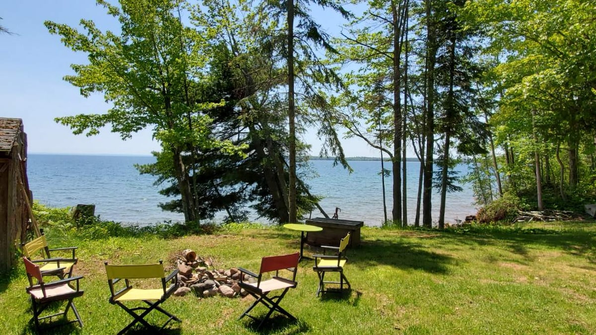 A fire pit area surrounded by greenery and six colorful chairs invites gatherings by the lake. The view opens up to a serene waterfront, with tall trees providing natural shade. The calm water reflects the clear sky, enhancing the tranquil setting.