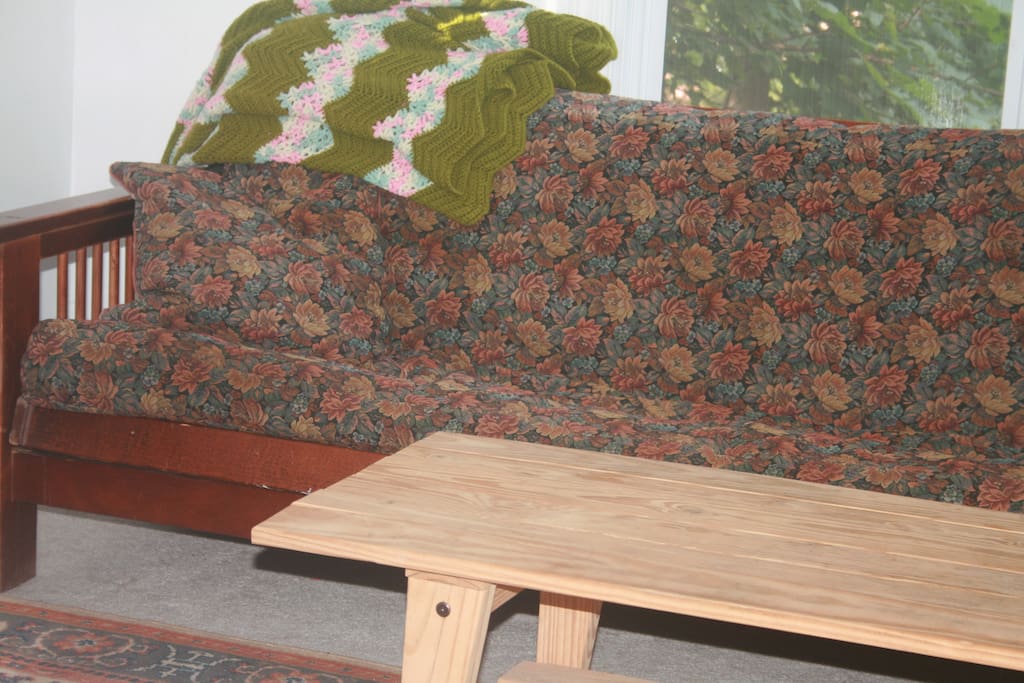 a futon sofa, coffee table