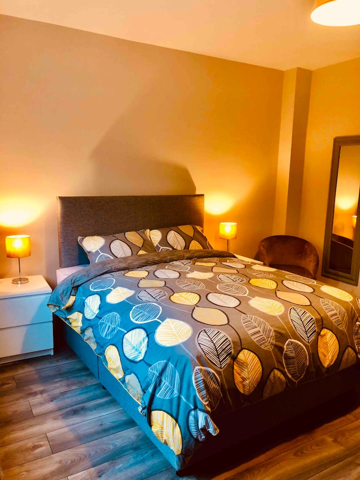 Chumba cha kulala cha ukubwa wa King chini na bafu karibu na mlango