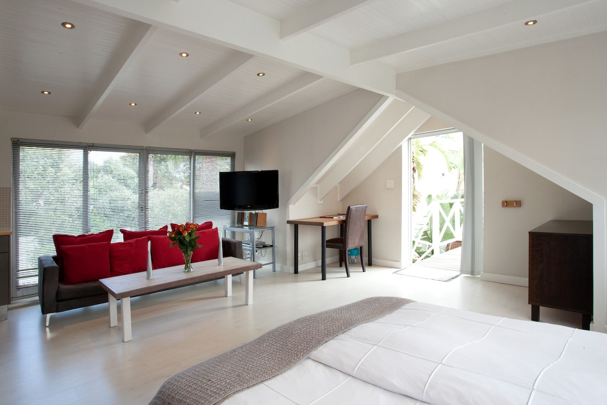 The spacious studio flat features a comfortable seating area with a red couch and a coffee table. A television is positioned for viewing, while a small dining table is visible. Light floods in through large windows, and an entryway leads to an outdoor area.