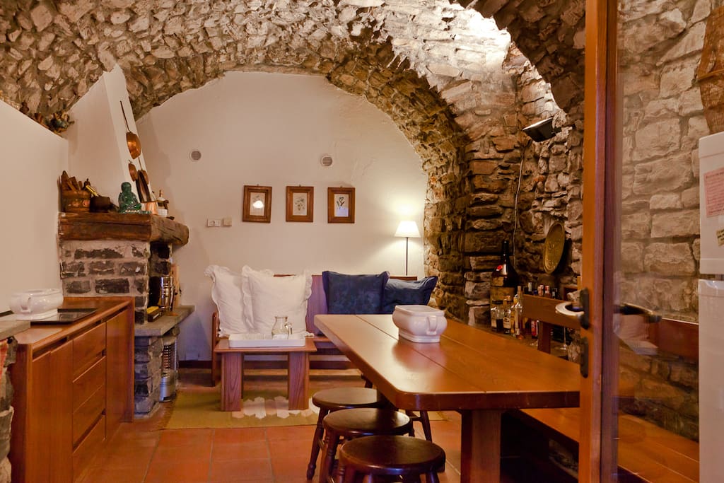 Kitchen in the stone room, garden level. You can find cookers,Fridge,dishwasher,plus pots, glasses, cutlery,dishes,coffee machine.