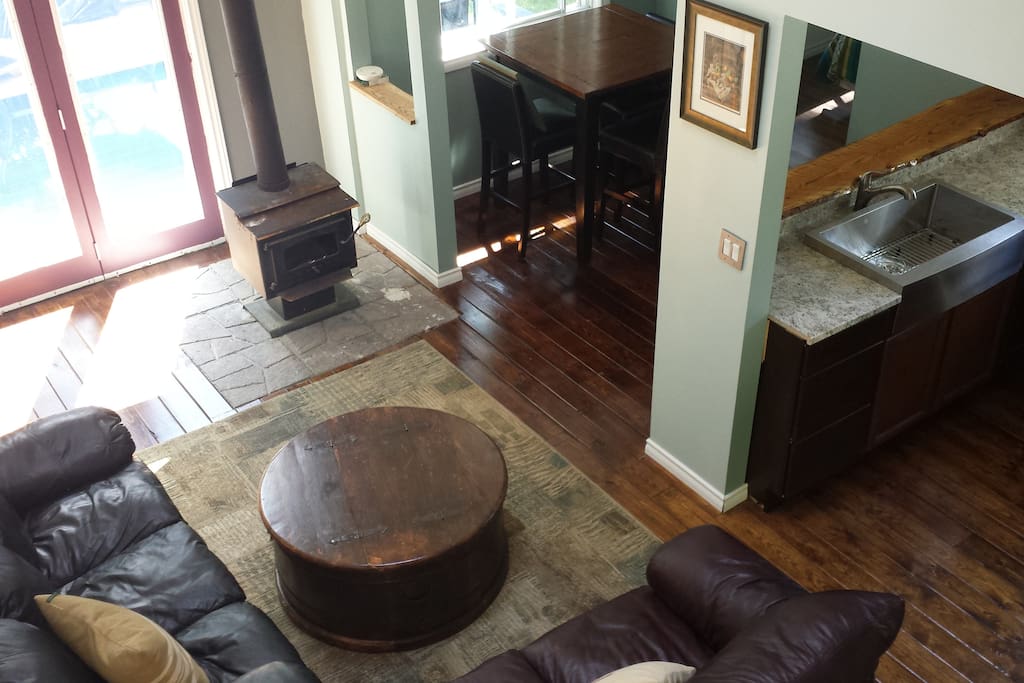 View of open concept living room from above
