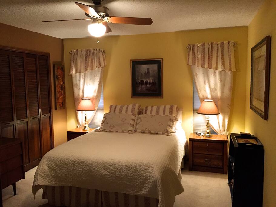 The Yellow Mission
room showing closet, dresser and book shelves. At this end is a chest that accommodates suitcases